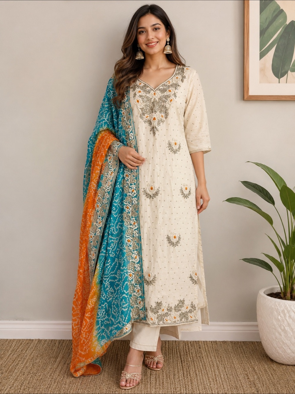 Like new Indian Pakistani designer Originals Cream Kurta Teal Orange Dupatta